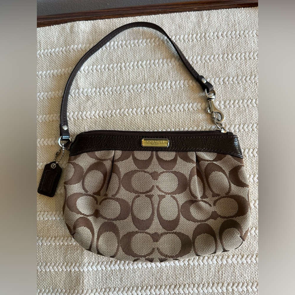 Coach Tan and Brown Signature Logo Wristlet Pouch Wallet